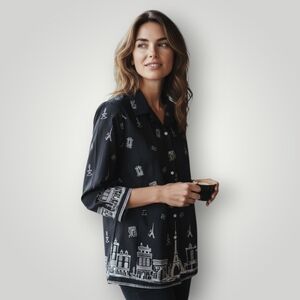 Talbots Womans Paris Print Blouse ‎ French Chic Travel-Inspired Button Up 12W